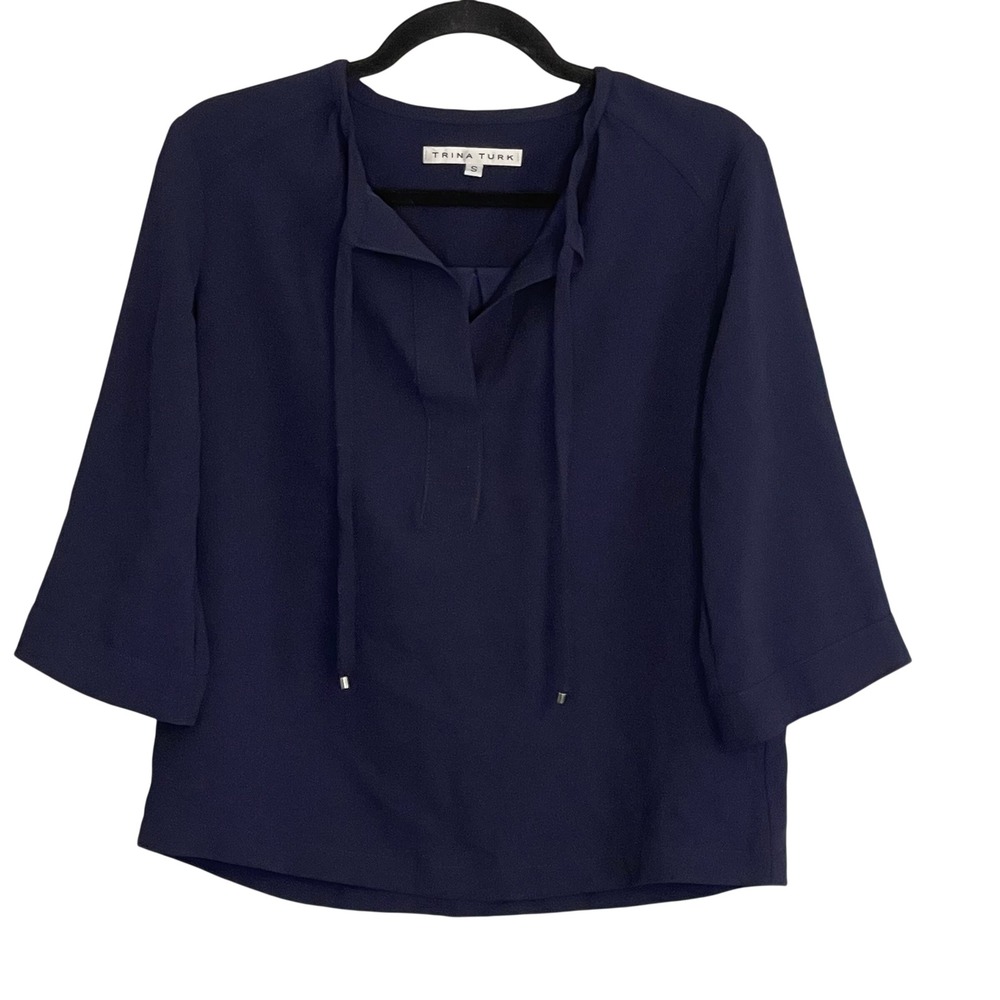 Trina Turk Navy Blue Split Neck Tie Blouse 3/4 Sleeve Top Small Nautical